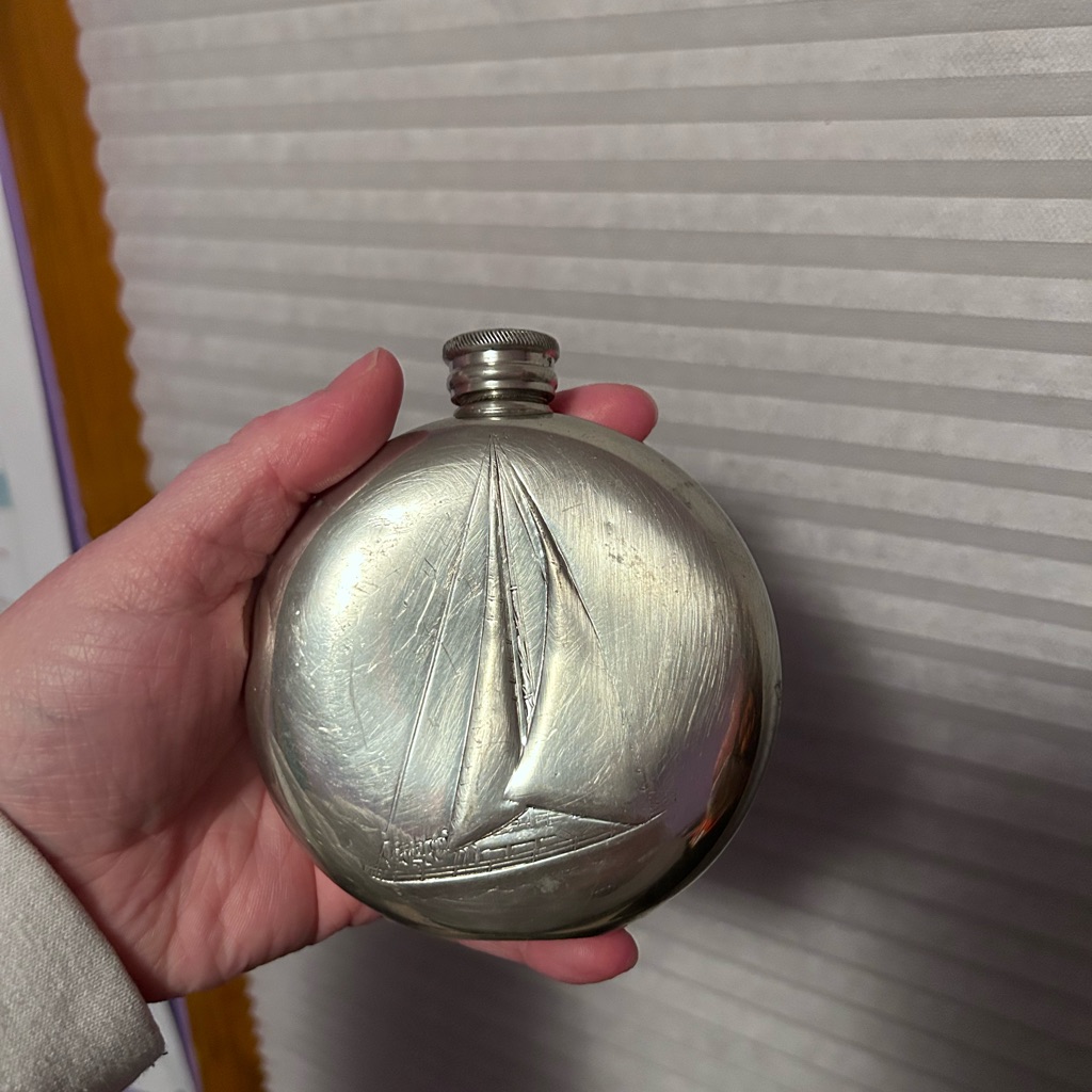 1907 Pinder Bros Pewter Sailboat Flask